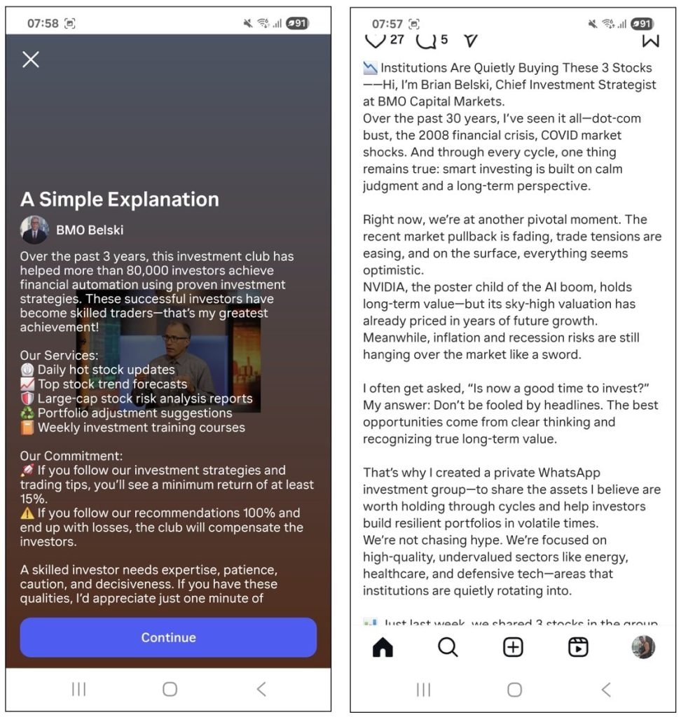 Los anuncios de Instagram con deepfakes conducen a chats de inversión falsos en WhatsApp