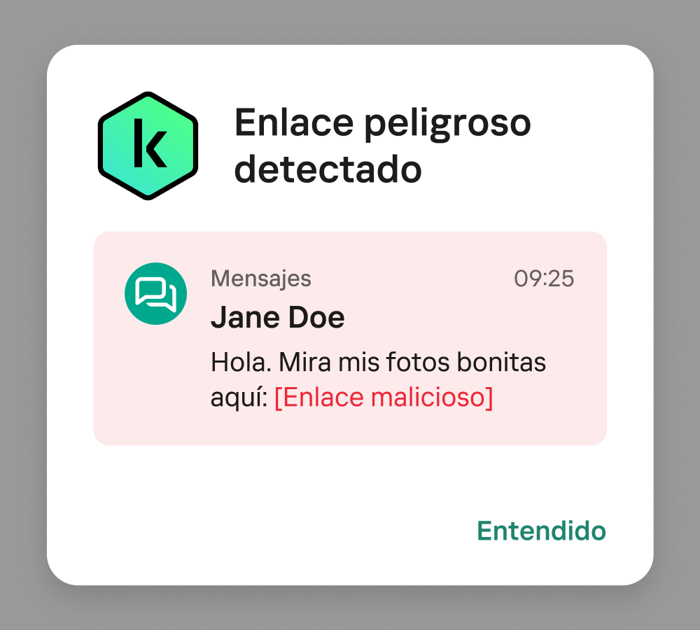 Así es como se ve una notificación de Kaspersky para Android cuando detecta un enlace malicioso