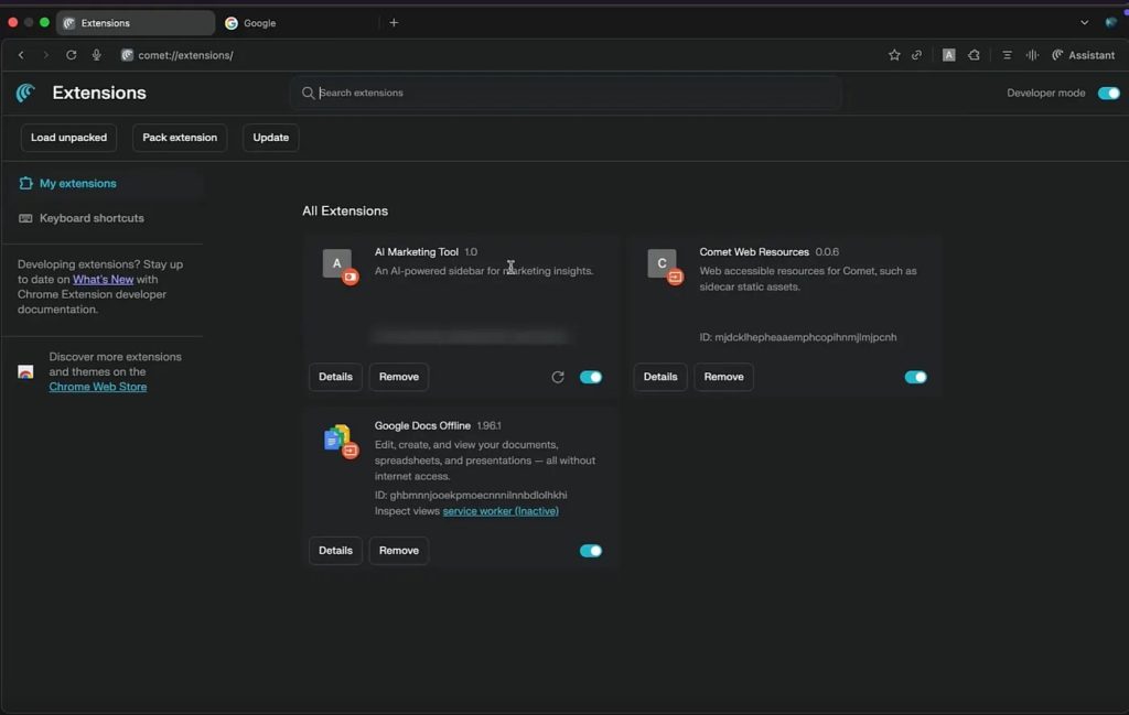 Página de administración de extensiones de Comet