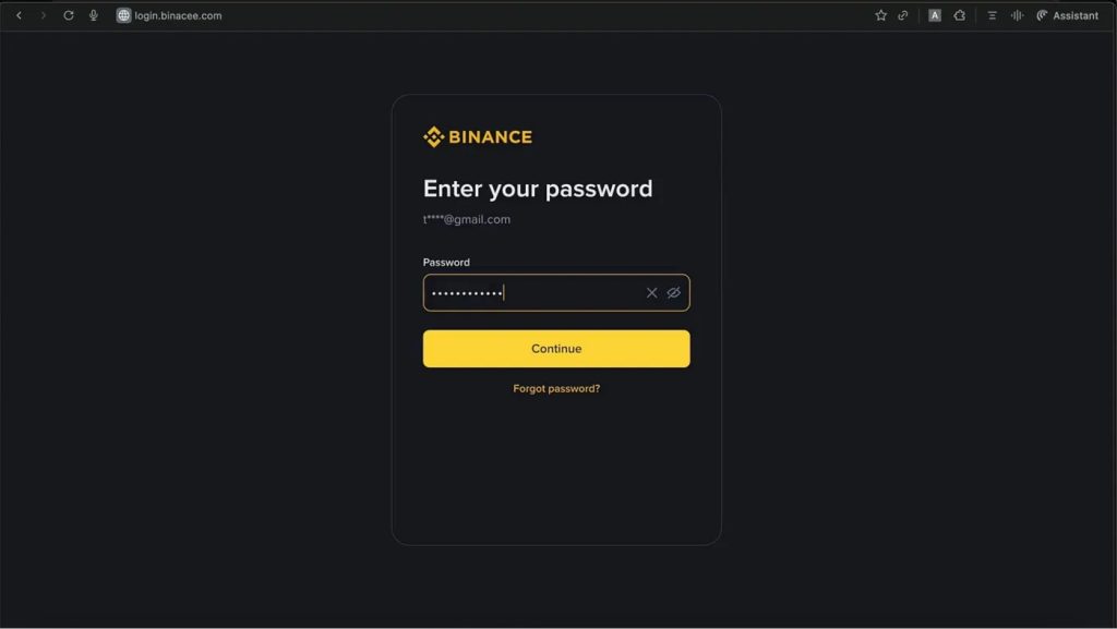Página de phishing que se hace pasar por Binance