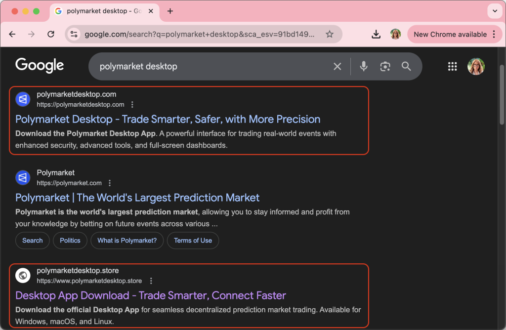 Sitios falsos de Polymarket en los resultados de búsqueda de Google