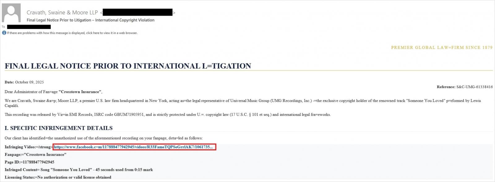 Correo electrónico de phishing disfrazado de aviso legal