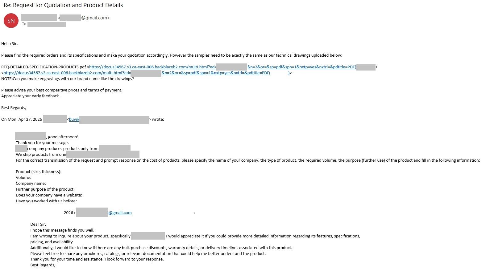 Una cadena de correos electrónicos que termina con un enlace de phishing Una cadena de correos electrónicos que termina con un enlace de phishing
