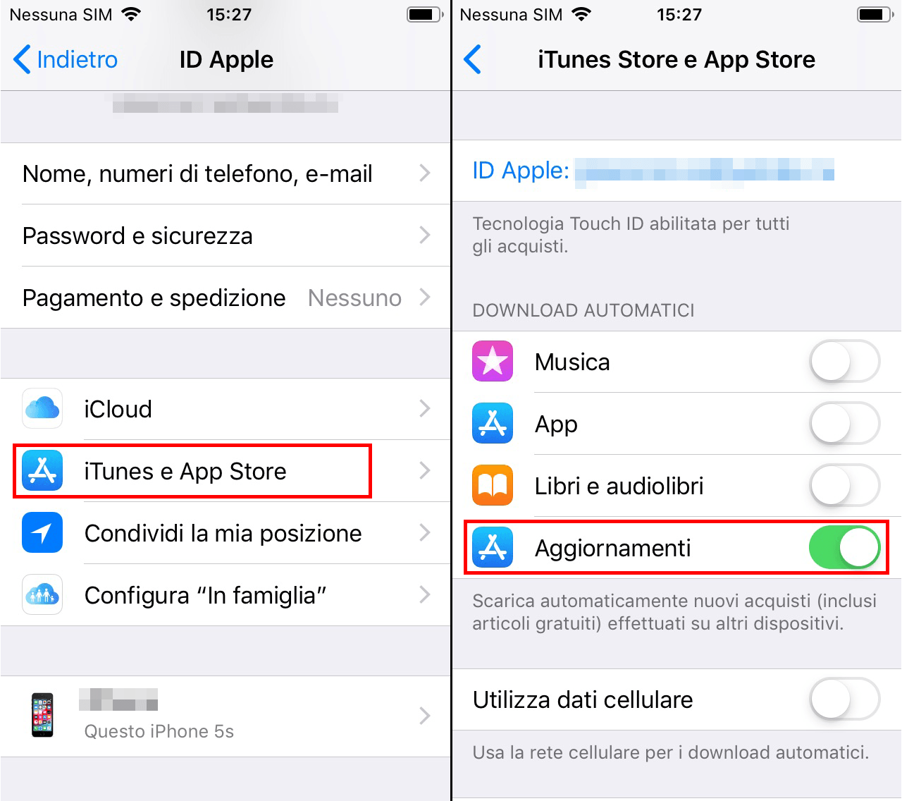 Impostare gli aggiornamenti automatici su iOS.