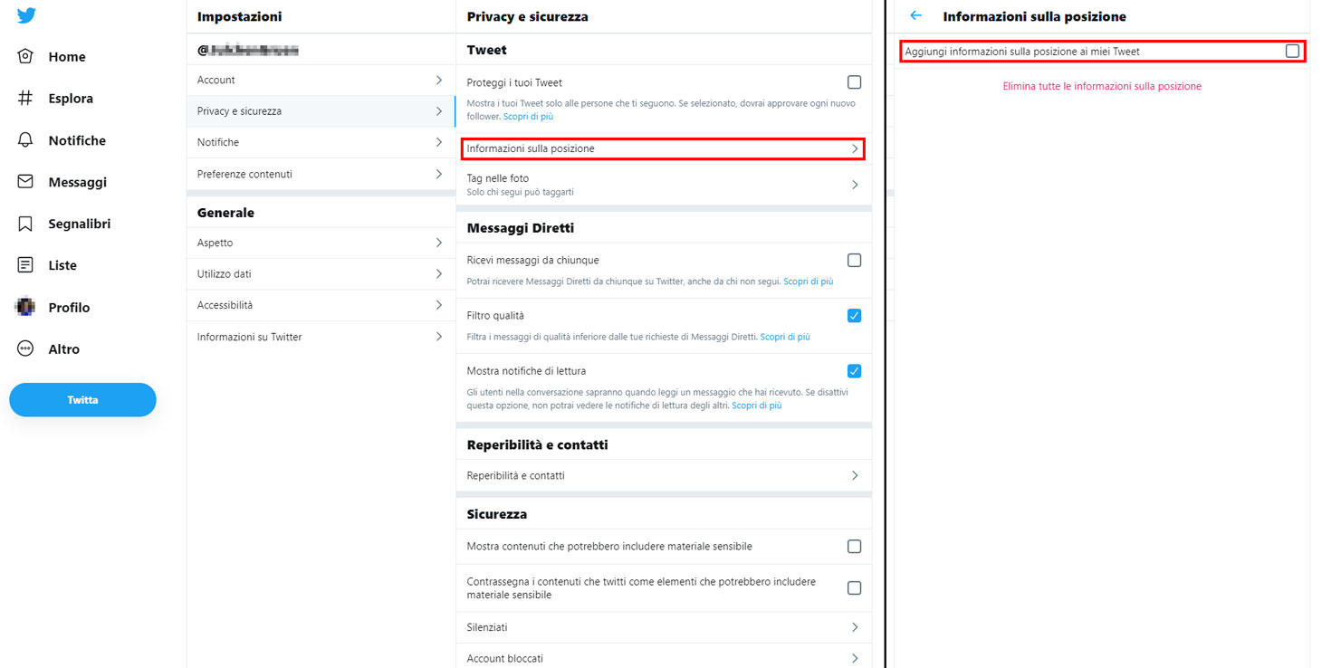 Come nascondere la vostra posizione su Twitter