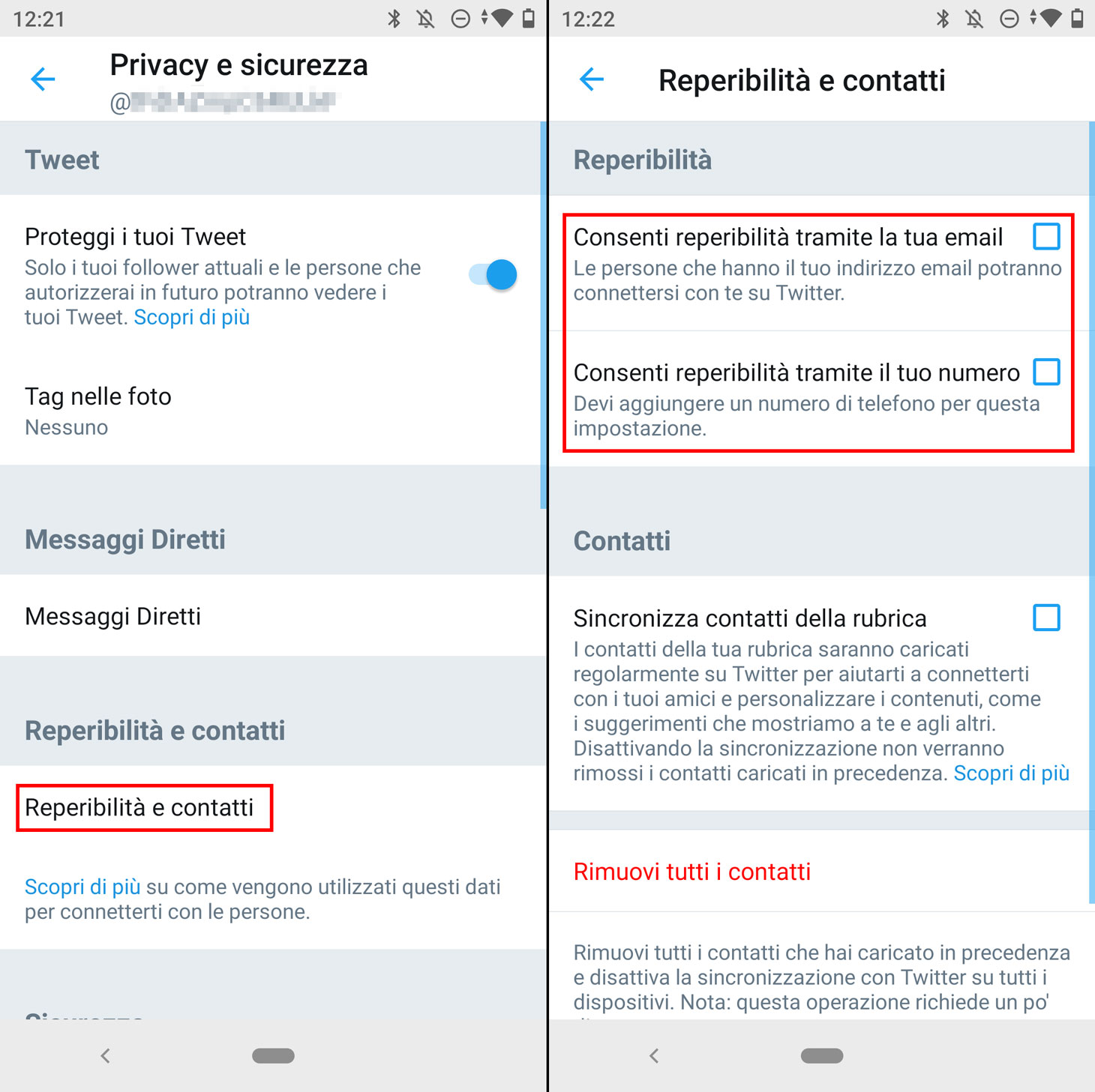 Come impedire ad altre persone di cercarvi su Twitter tramite e-mail o numero di telefono