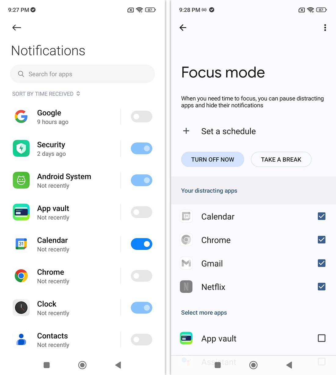 Impostazioni di notifica e modalità Focus in Android 