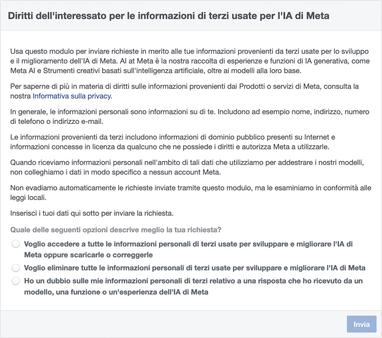 Modulo per impedire a Meta AI di utilizzare le tue informazioni personali per l'addestramento della sua intelligenza artificiale 