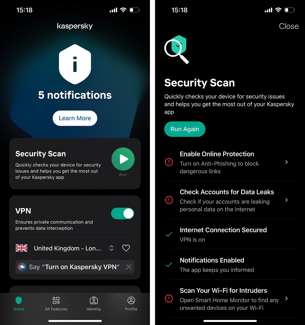 Scansione rapida della sicurezza del dispositivo in Kaspersky for iOS 