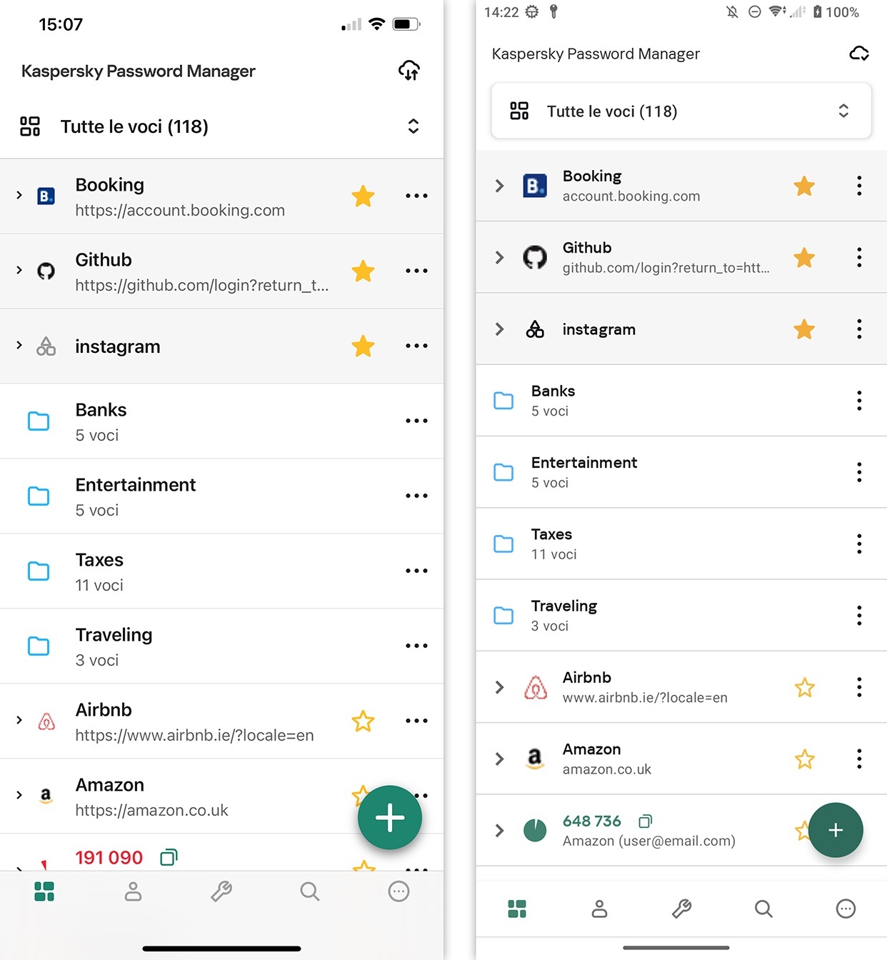Schermata iniziale aggiornata di Kaspersky Password Manager for iOS (a sinistra) e Android (a destra) 
