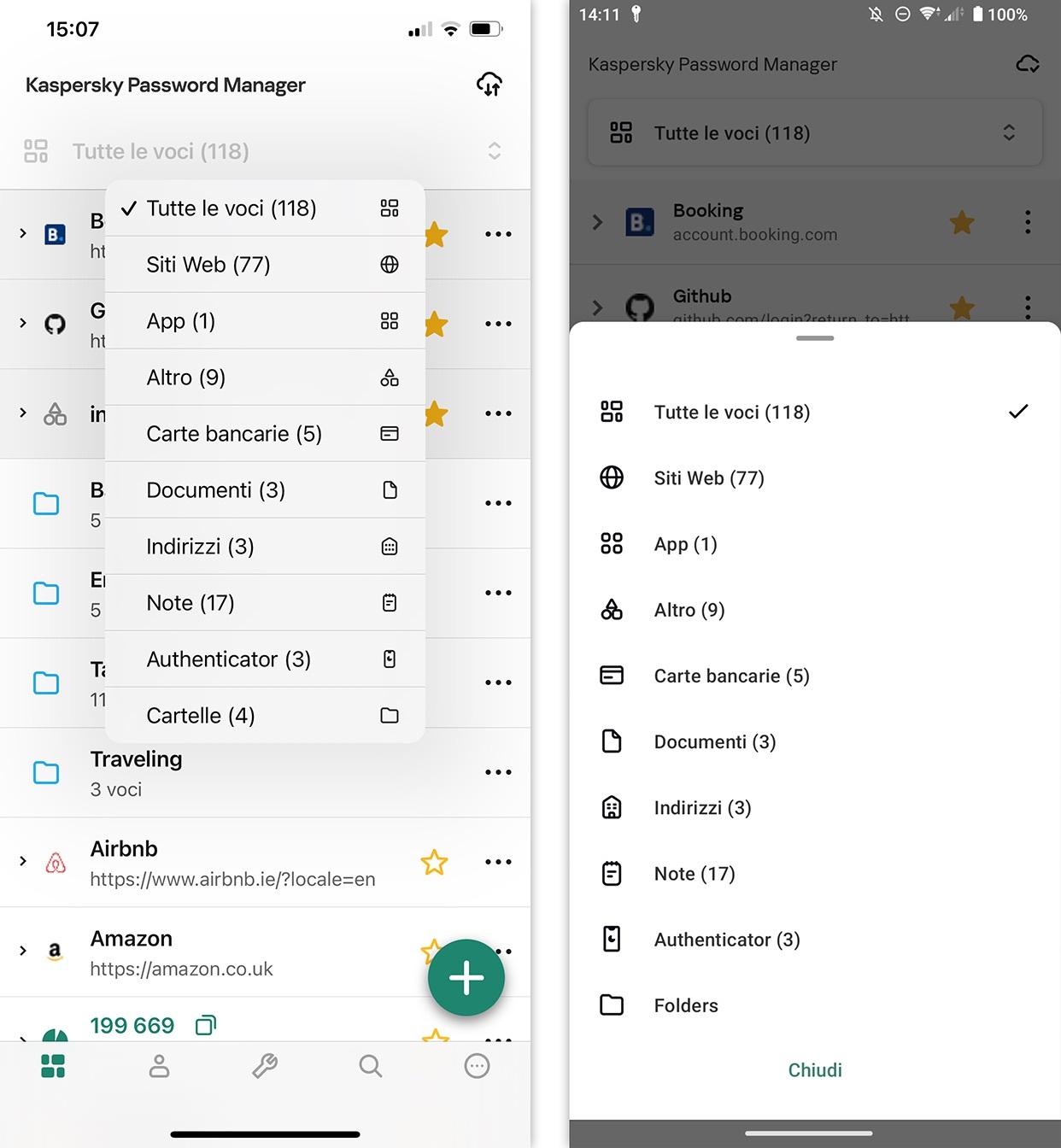 Visualizzazione della nuova categoria di voci in Kaspersky Password Manager for iOS (a sinistra) e Android (a destra) 