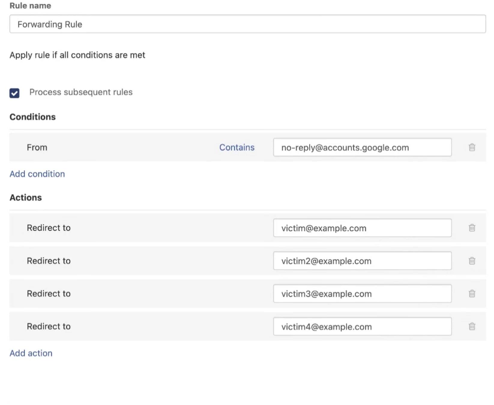 In che modo i truffatori impostano una regola di inoltro per recapitare un'e-mail di phishing che sembra provenire da Google
