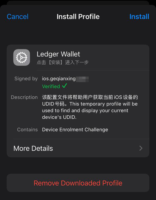 Per installare l'app, la vittima deve prima installare un profilo di configurazione che consenta il download diretto del malware, ignorando l'App Store. Prendere nota del segno di spunta di verifica verde