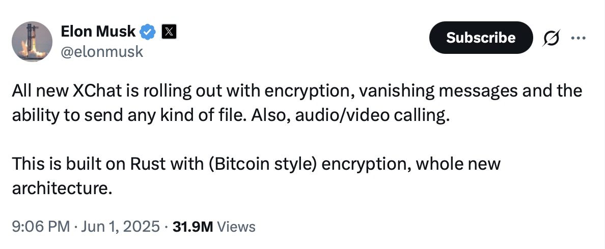 L'annuncio di XChat da parte di Elon Musk 