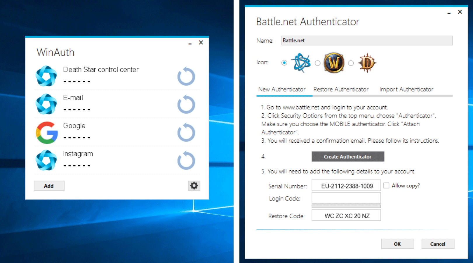 Winauth. Серийный номер Authenticator Battle net. Окно виндовс. Windows 10 Windows 11. Оверлей: binary сертификат WINAUTH(2.0) PKCS.