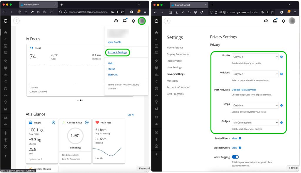 Как найти настройки приватности в веб-версии Garmin Connect