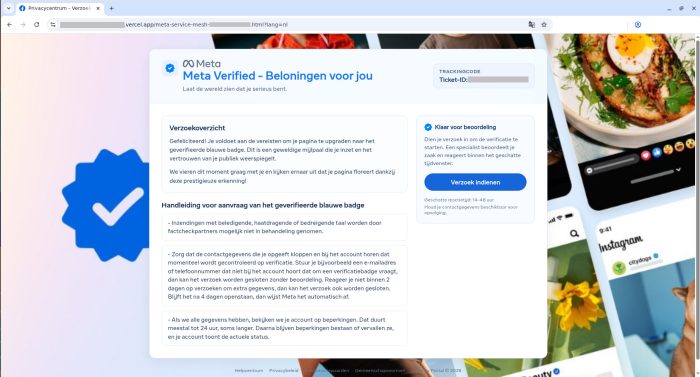 Поддельный сайт Facebook*, который предлагает пройти отбор на «значок подтверждения»