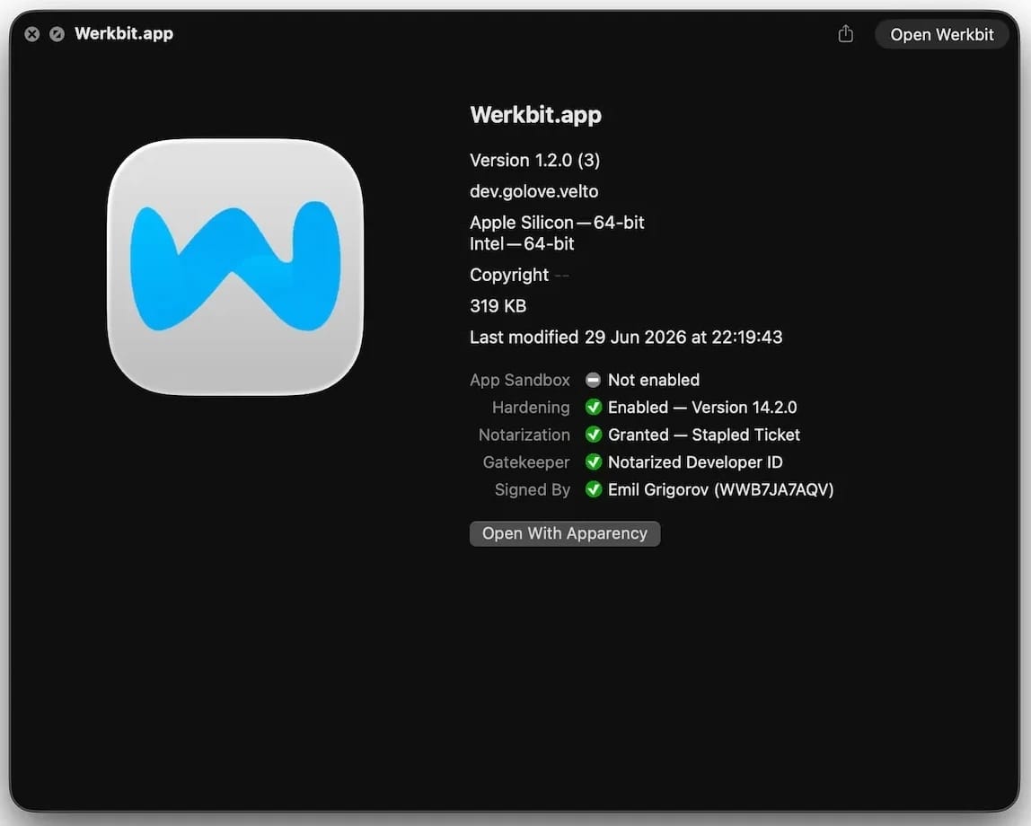 Подписанный и нотаризованный установщик Werkbit Setup Подписанный и нотаризованный установщик Werkbit Setup