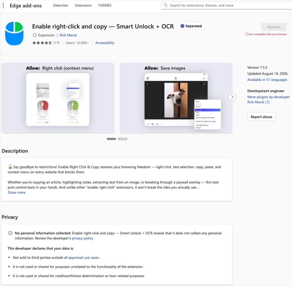 Расширение Enable Right Click & Copy — Smart Unlock + OCR в магазине Microsoft Edge Расширение Enable Right Click & Copy — Smart Unlock + OCR в магазине Microsoft Edge