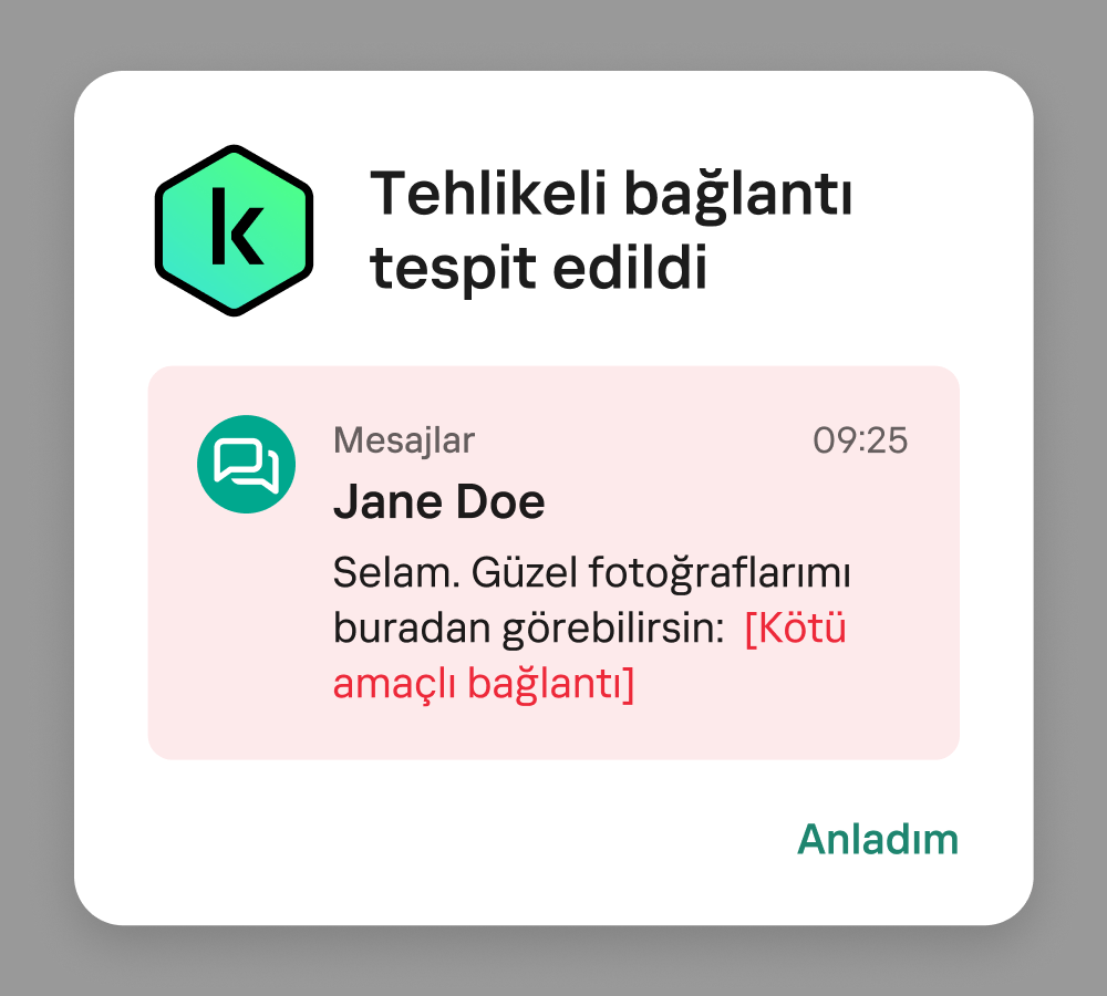 Kaspersky for Android, kötü amaçlı bir bağlantı tespit ettiğinde bu şekilde bir bildirim gösterir