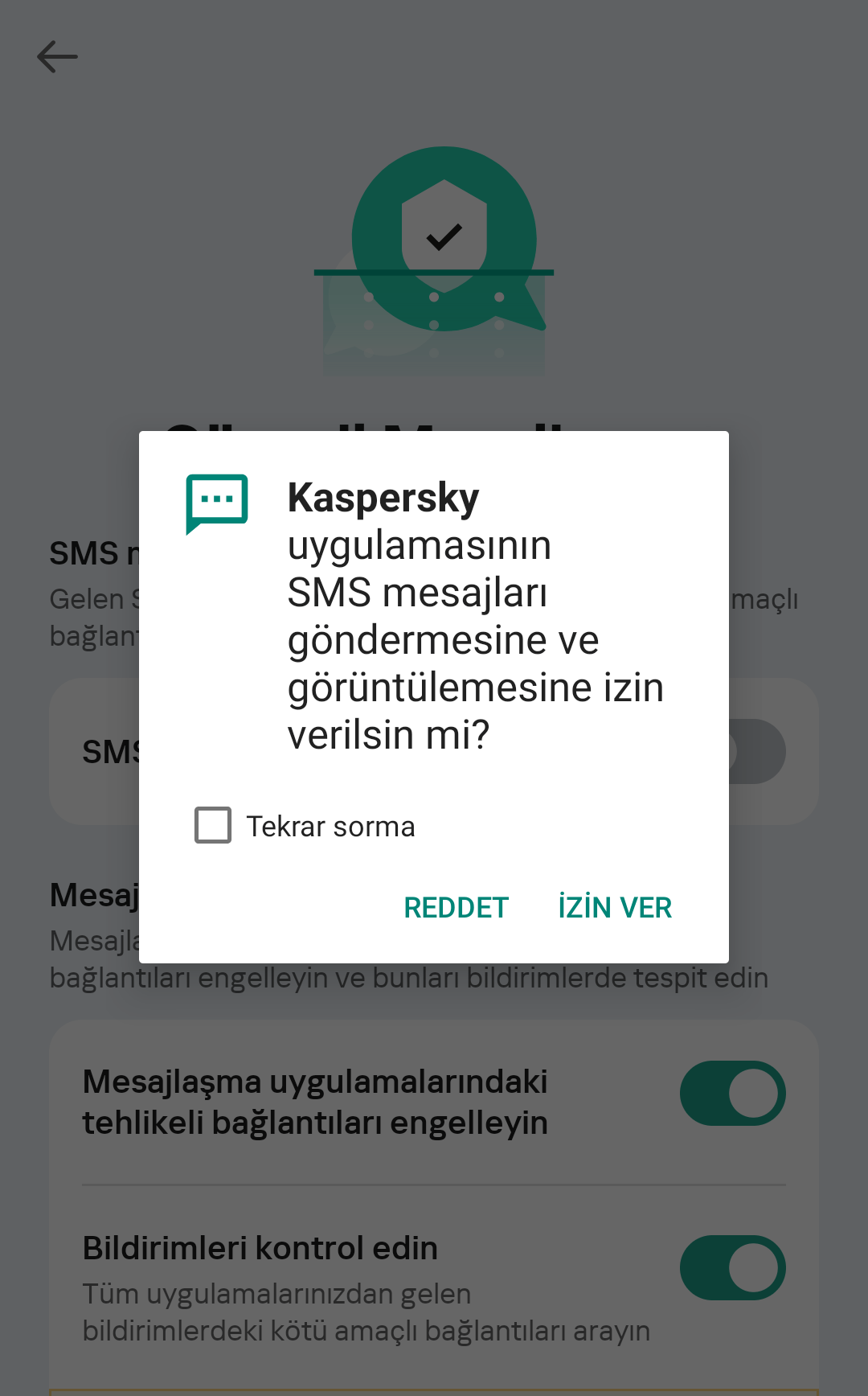 SMS mesajlarındaki bağlantıları kontrol etmek için, Kaspersky for Android'e SMS gönderme ve görüntüleme izni vermeniz gerekir. Elbette, hiçbir şey göndermeyi düşünmüyoruz