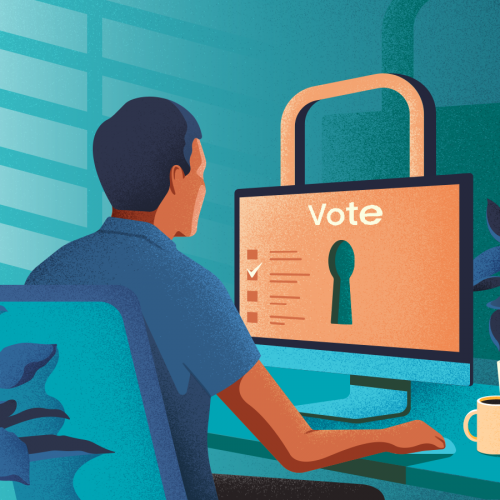 Person sits at a desktop computer ticking ballot boxes as if voting in an election, with a monitor shaped like a big padlock.