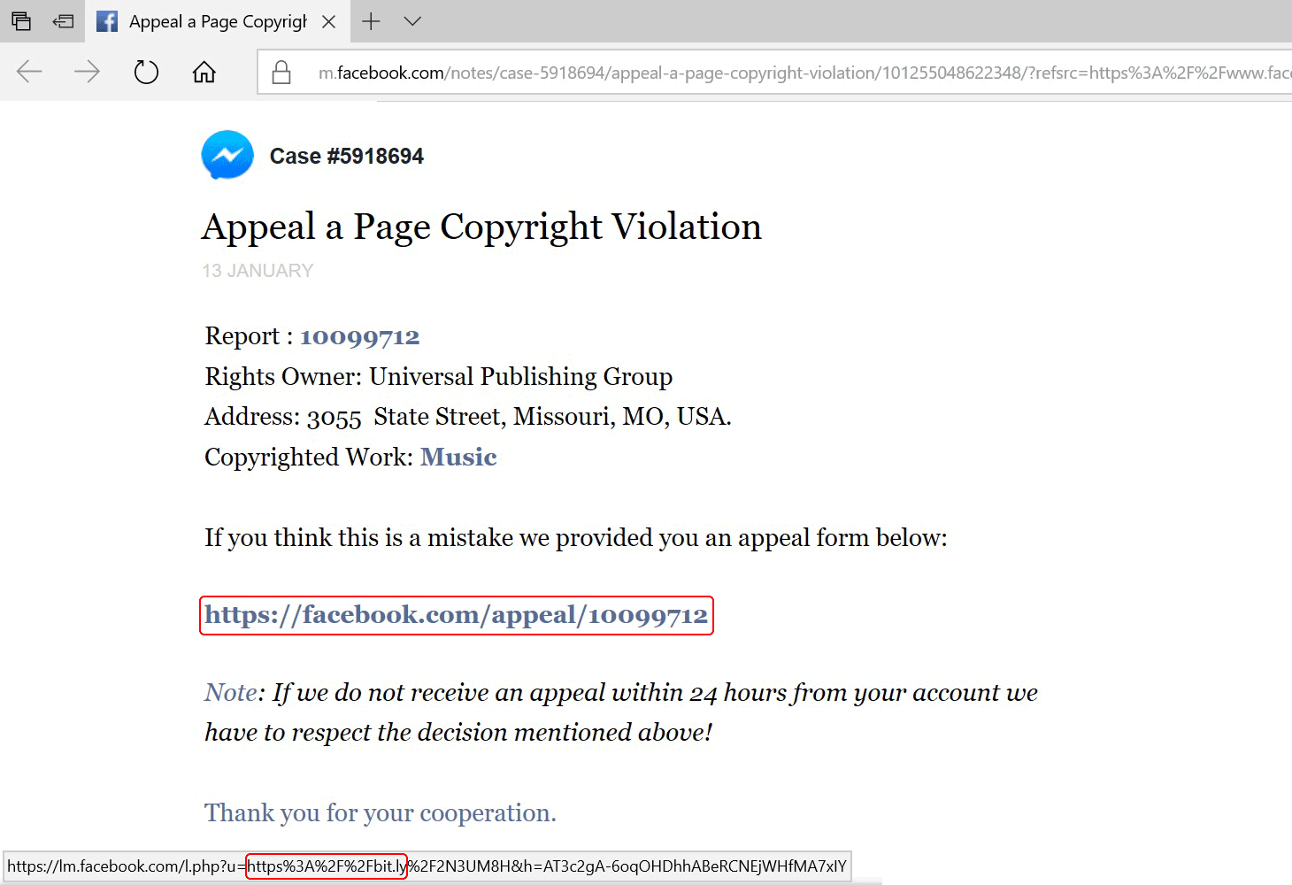 The address of the link is visible in the lower left corner. At first glance, it might seem internal, but it points to an external resource via bit.ly