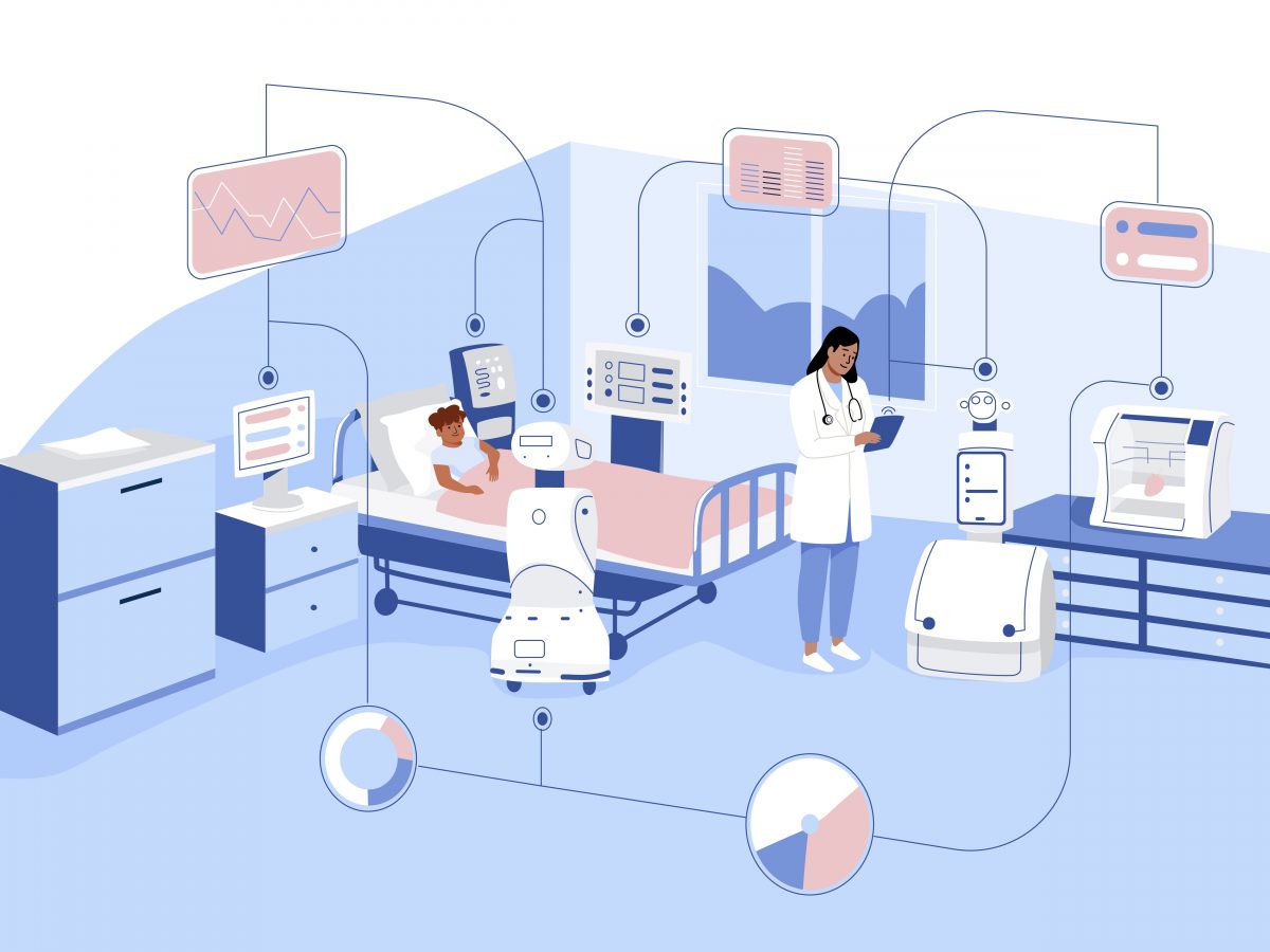 Patient is in bed in a hospital room, while doctor writes on their chart. Lines show all the technology around the room and how it is centrally linked. Astrolab nanosatellites orbiting larger satellite