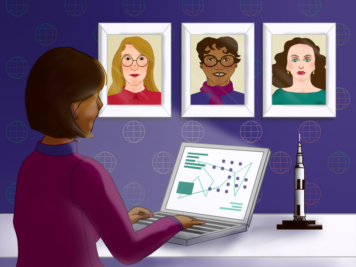 women who shaped computing, careers, education, history Woman uses laptop on desk alongside model space rocket. Portraits of notable women hang on her wall.