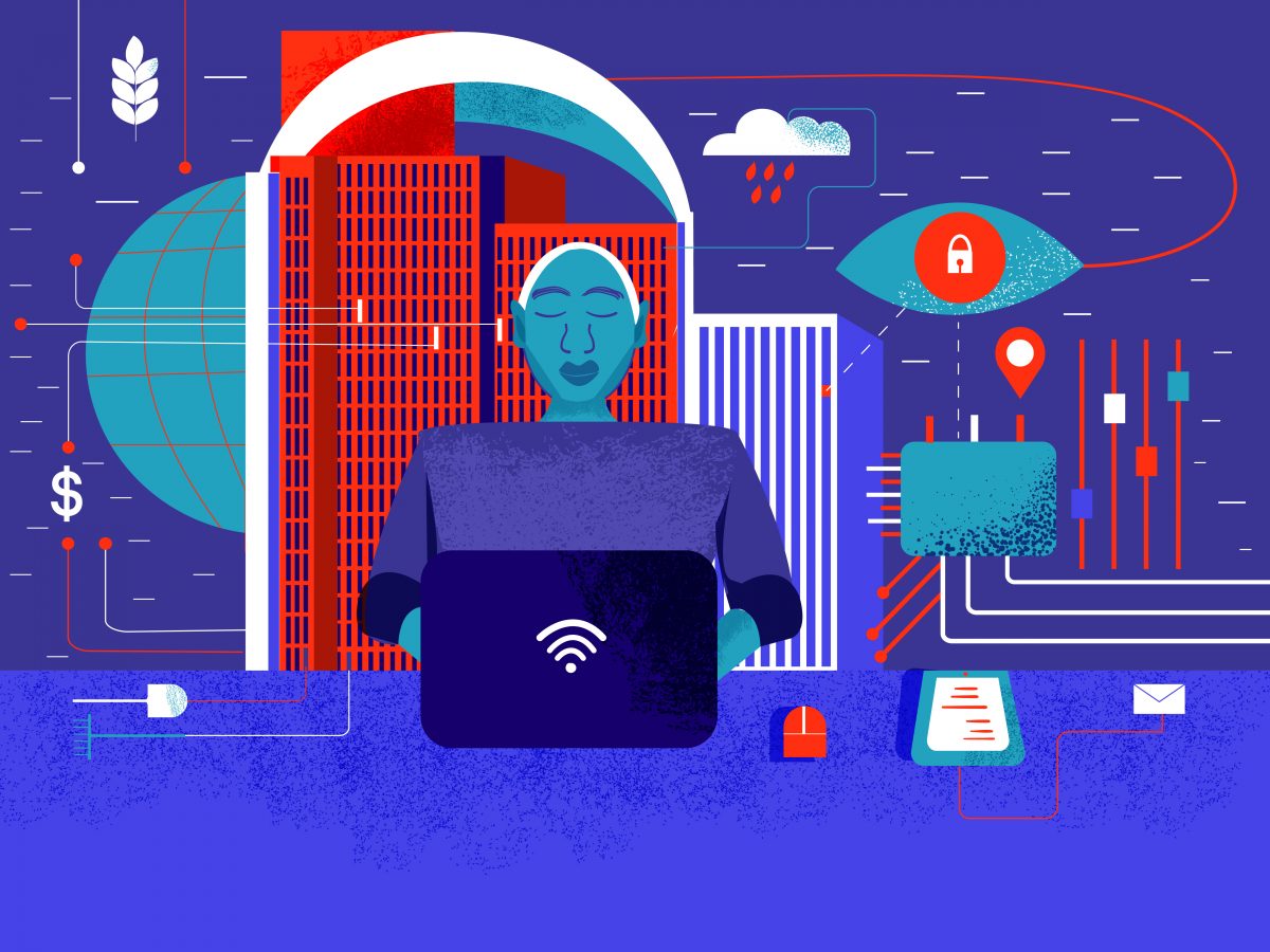 Person uses wifi-connected laptop in front of cityscape. Flow lines link icons representing critical functions like agriculture, finance and security