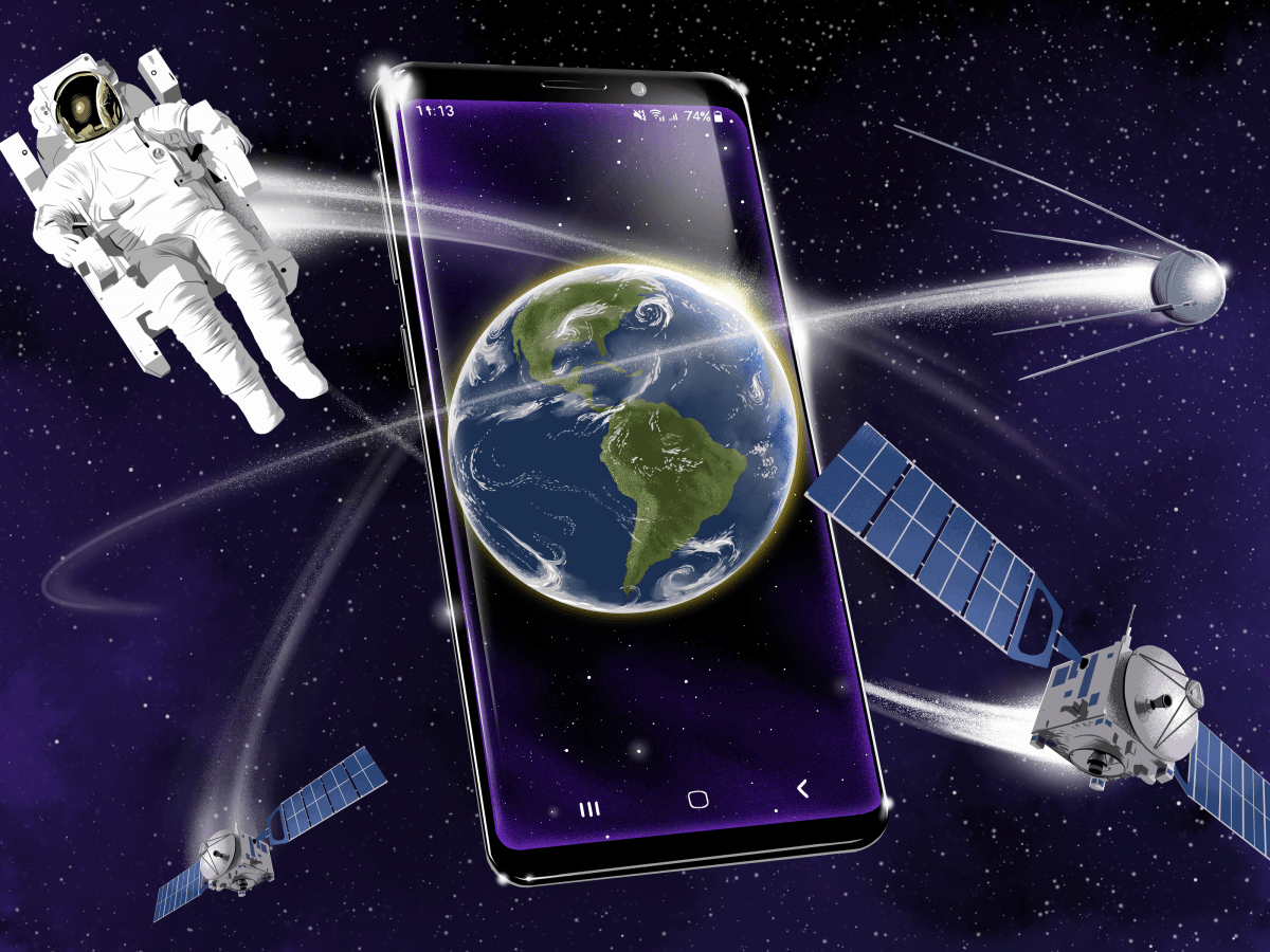 An astronaut, Sputnik satellite and modern satellites orbit a smartphone displaying an image of earth