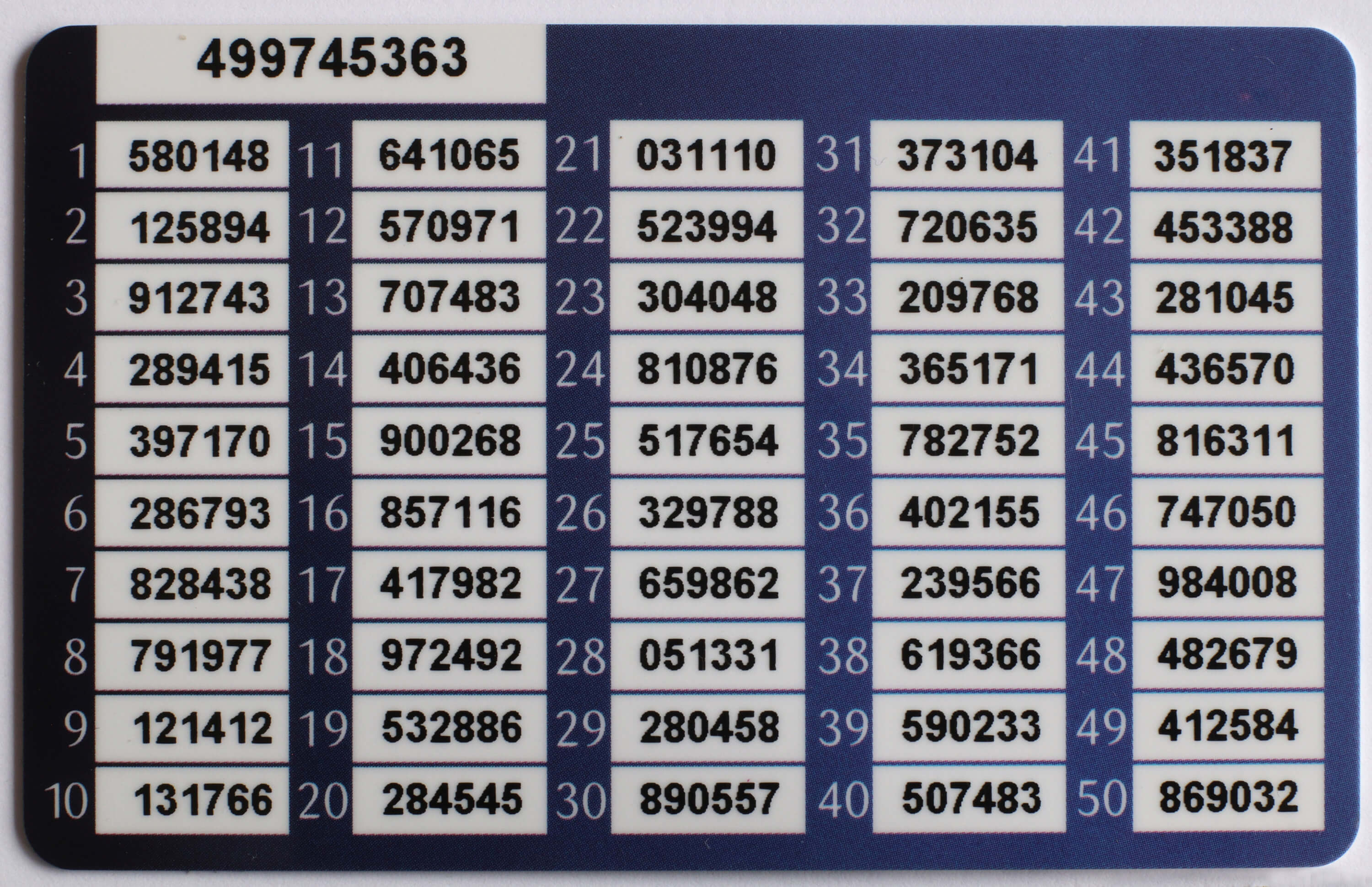 List of pre-generated one-time codes