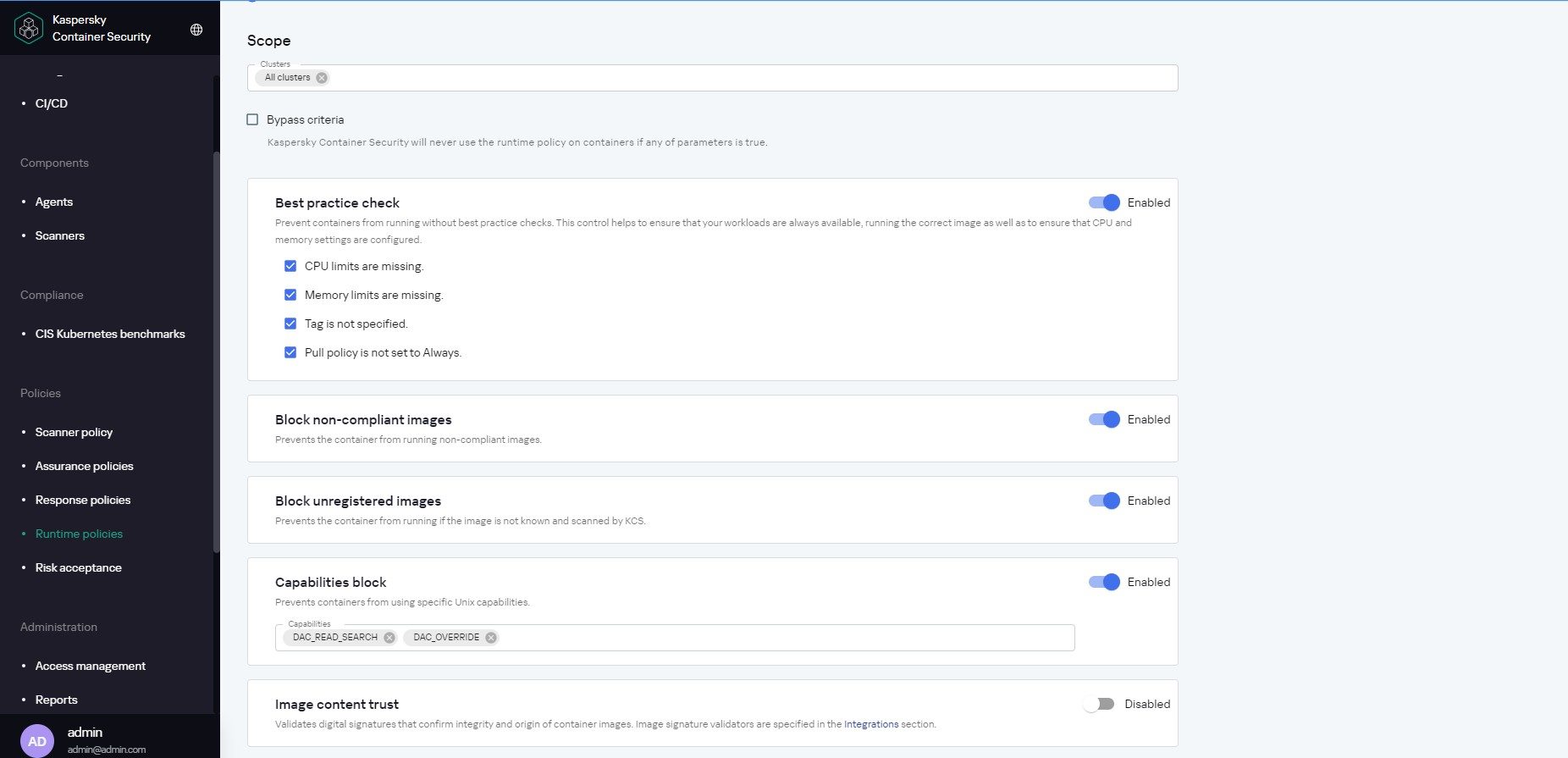 Kaspersky Container Security: Runtime policies settings