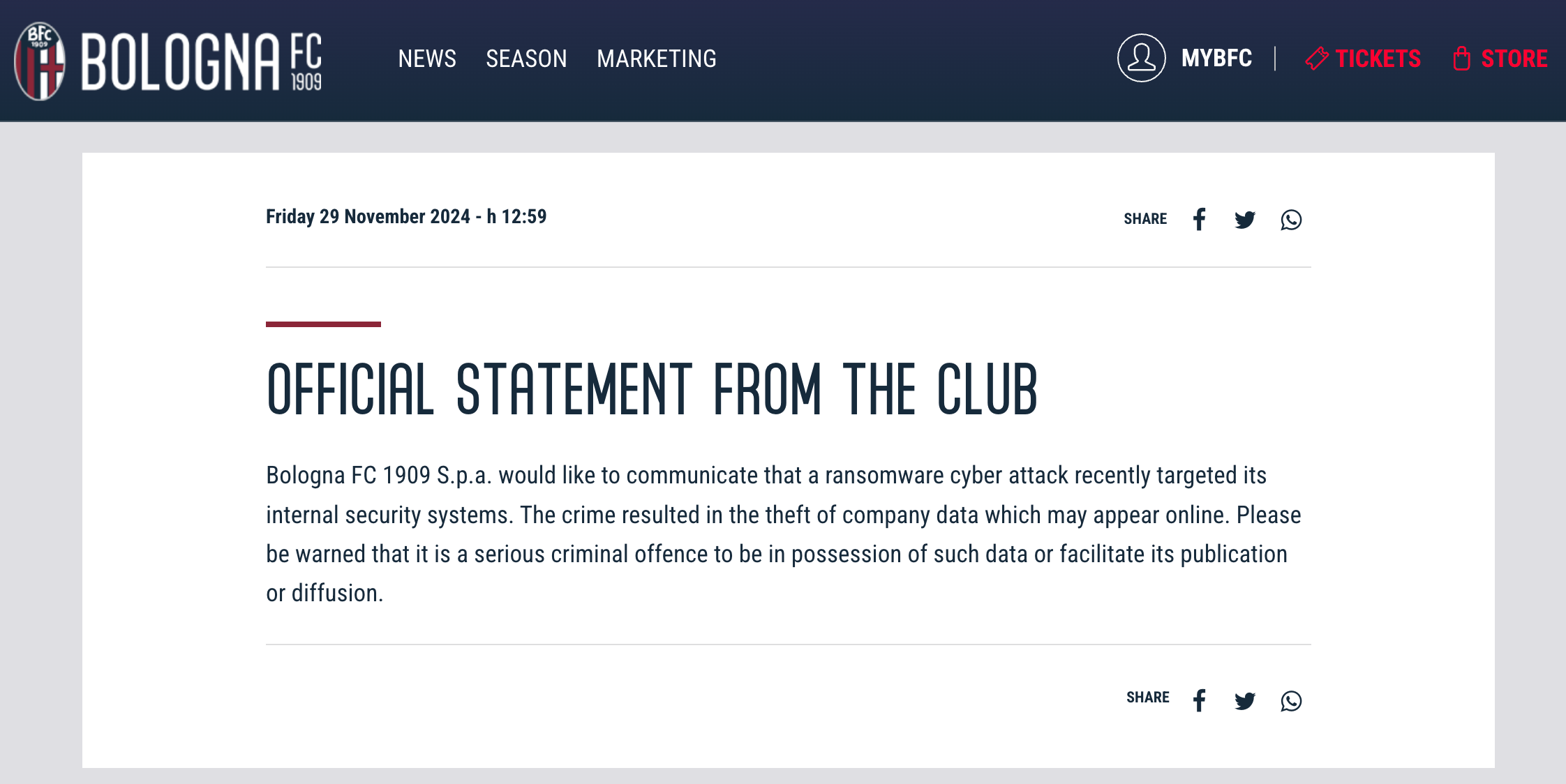 Official statement on the Bologna FC website