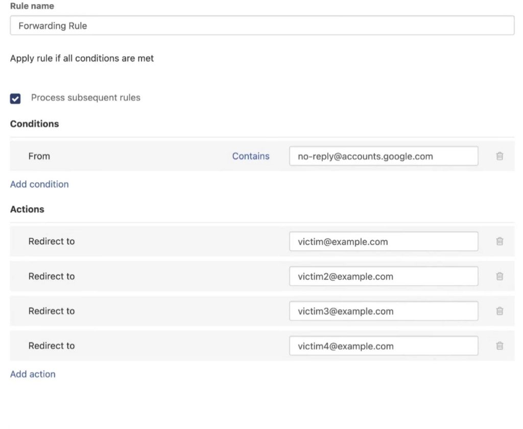 How scammers set up a forwarding rule to deliver a phishing email that appears like it's coming from Google