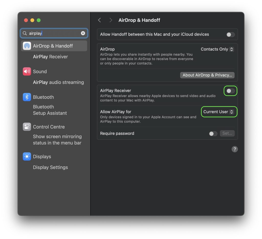AirPlay settings in macOS to protect against AirBorne attacks