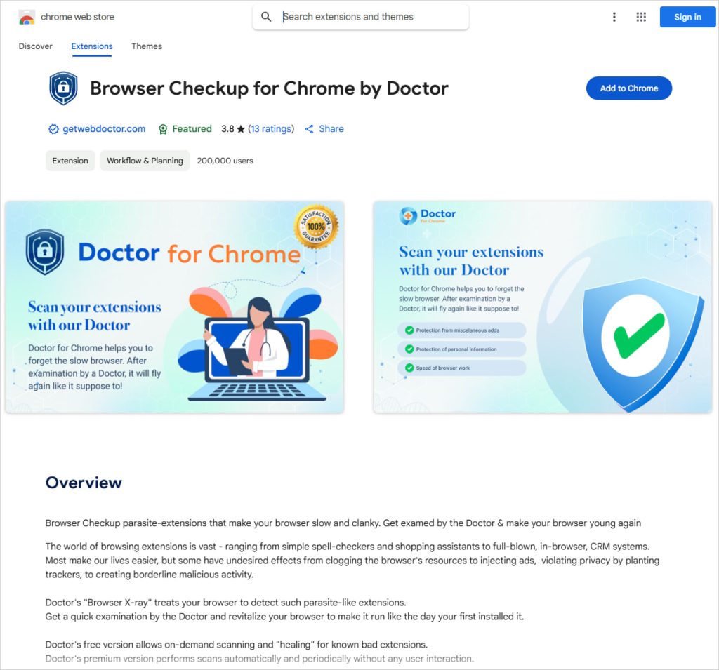Example of a suspicious extension in the Chrome Web Store 