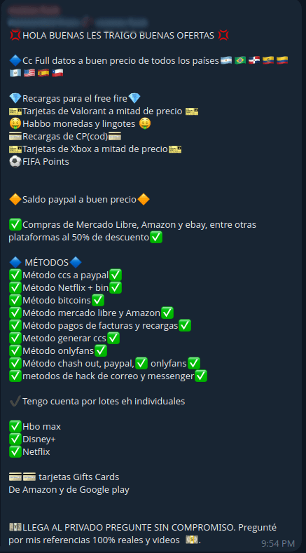 The ad promotes access to compromised accounts, game currencies (including Valorant, Call of Duty and FIFA)