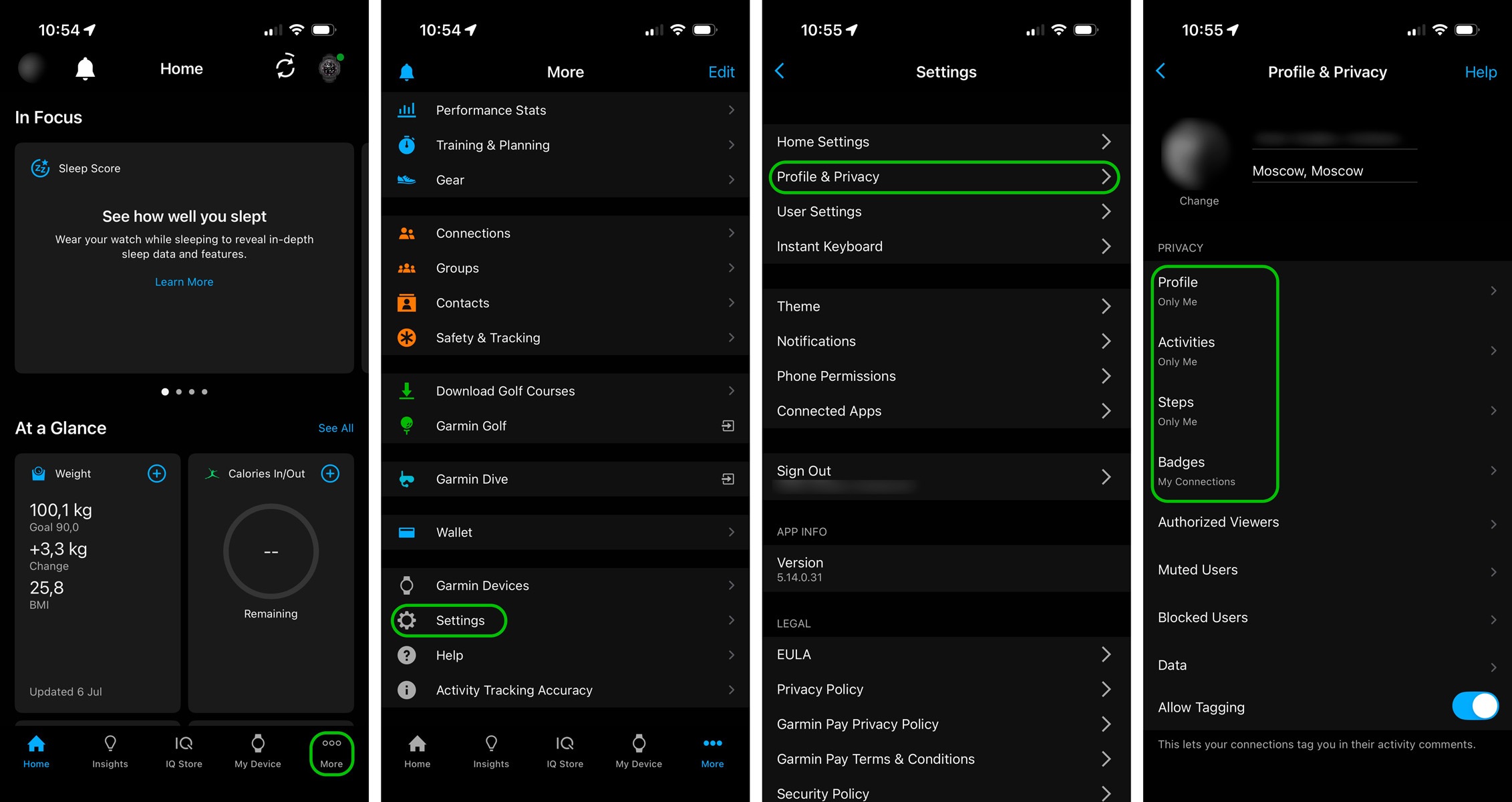 How to find the privacy settings in Garmin Connect for iOS — the process is essentially the same in the Android version of the app