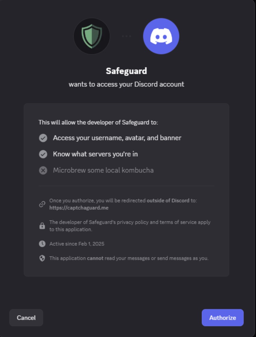 Authorization window of the Safeguard bot