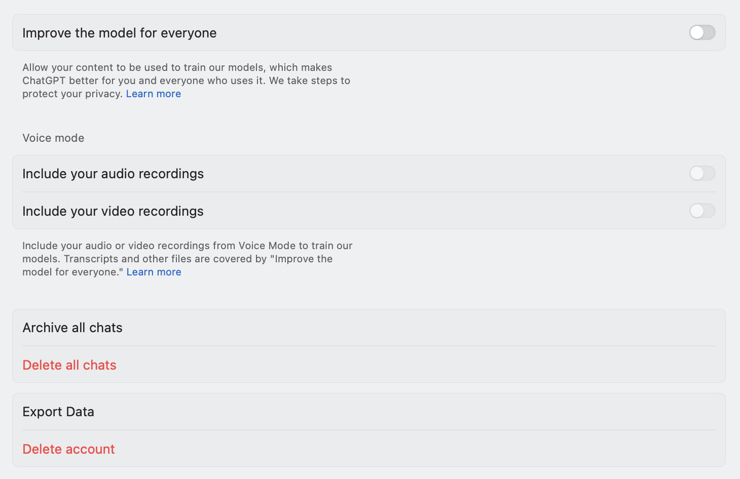 ChatGPT application settings for macOS