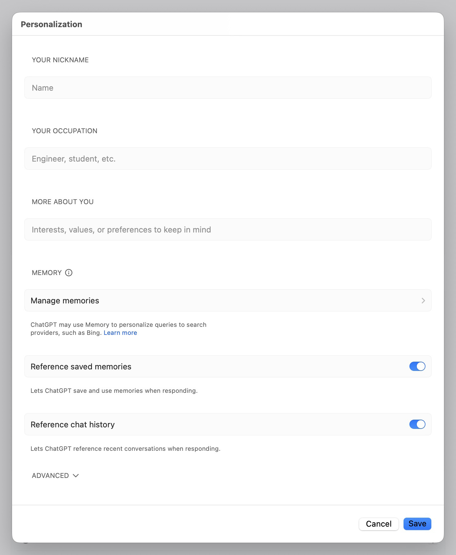 ChatGPT memory settings under Personalization