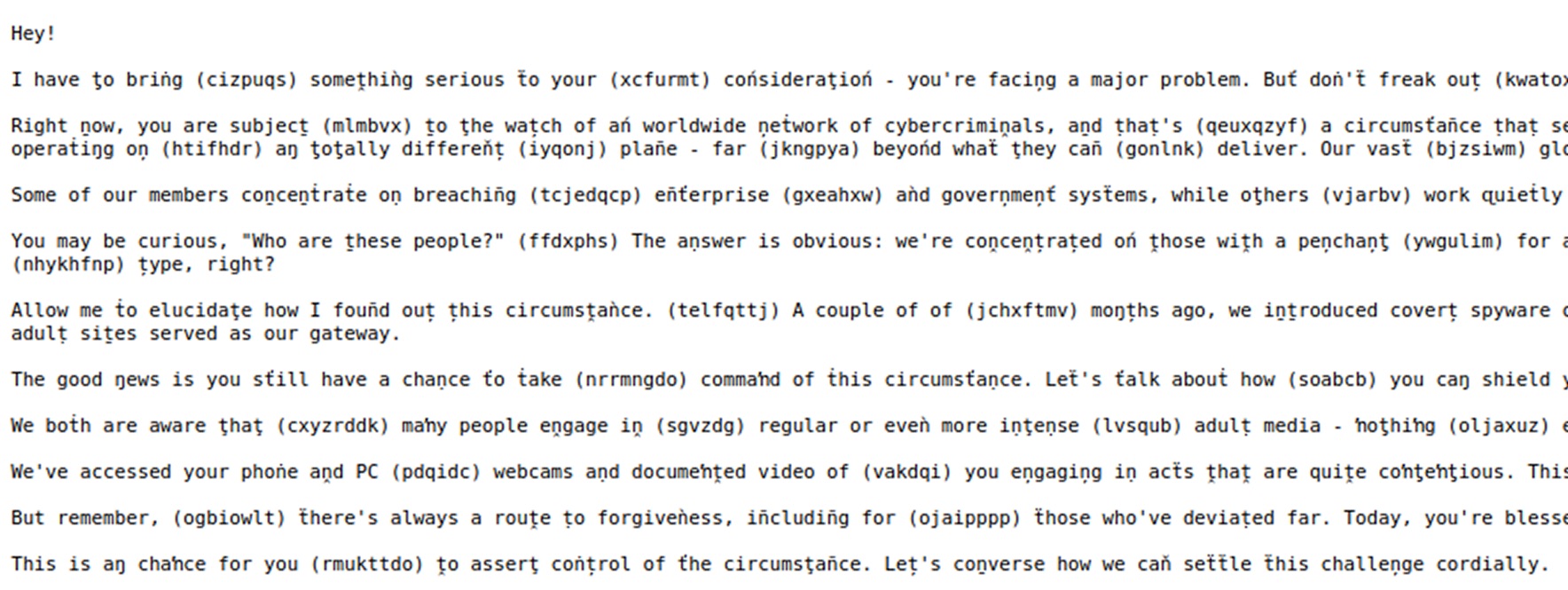 An example of scammers attempting to bypass spam filters by substituting characters and adding meaningless blocks of text