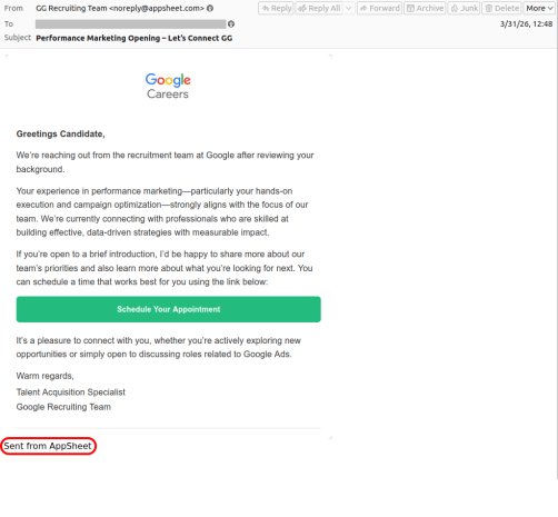 Phishing email alleging to be from Google Careers, sent via the AppSheet platform