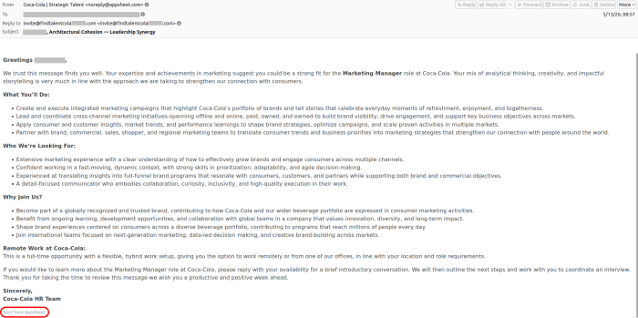 Fraudulent email supposedly from Coca-Cola, sent via the AppSheet platform