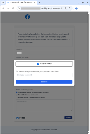 Fake Meta site where the user can appeal their account deactivation