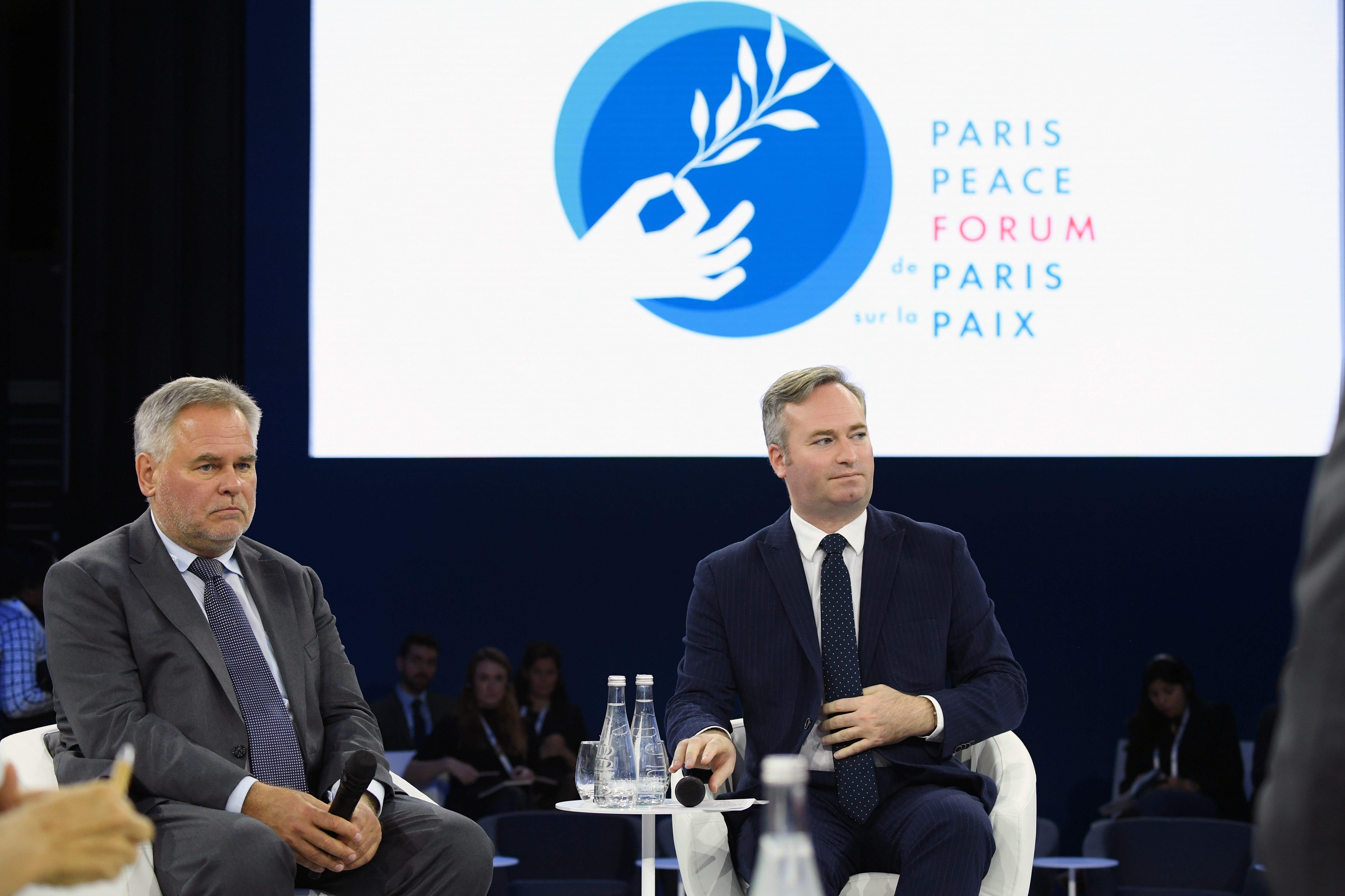 PARIS, FRANCE - NOVEMBER 12: Eugene Kaspersky and Jean-Baptiste Lemoyne attend a Cyber Security panel at the PPF. The Paris Peace Forum (PPF) is a global platform for governance projects. Kaspersky is one of the main partner of this high-level-conference at Grande Halle de La Villette on November 12, 2019 in Paris, France. (Photo by Pascal Le Segretain/Getty Images for Kaspersky )