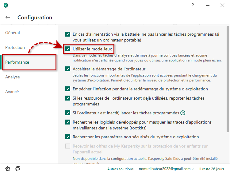 Vérifiez que vous avez activé le mode Jeux de votre solution Kaspersky Internet Security, ou Kaspers-ky Security Cloud, pour réduire l'impact de votre solution de sécurité sur les performances du PC