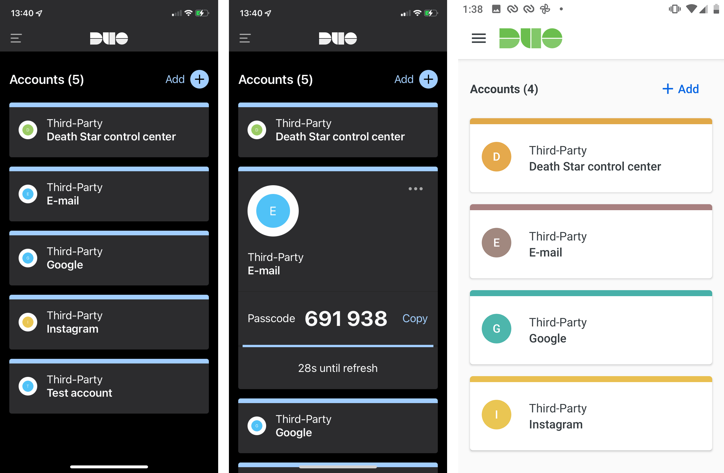 La version Android de Cisco Duo Mobile permet aux utilisateurs d'autoriser temporairement les captures d'écran. Voici des images des deux versions.